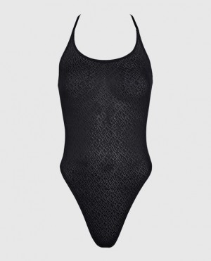 La Senza Logo Mesh Bodysuit Women's Pajamas Black | 0pWzCsRJ