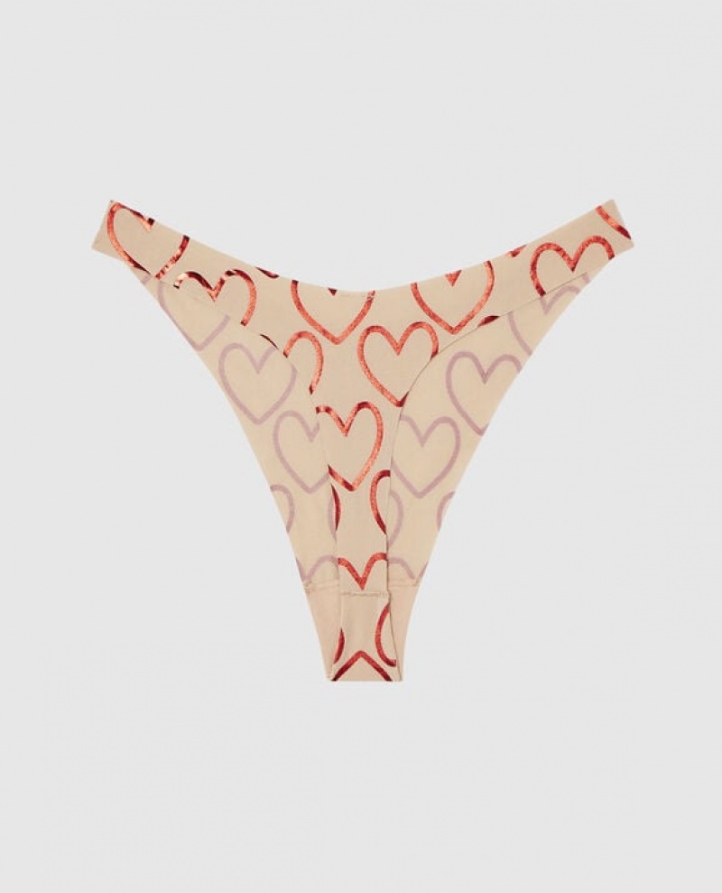 La Senza High Leg Thong Panty Women's Underwear Foiled Hearts Rosetan | P7jSrCCM