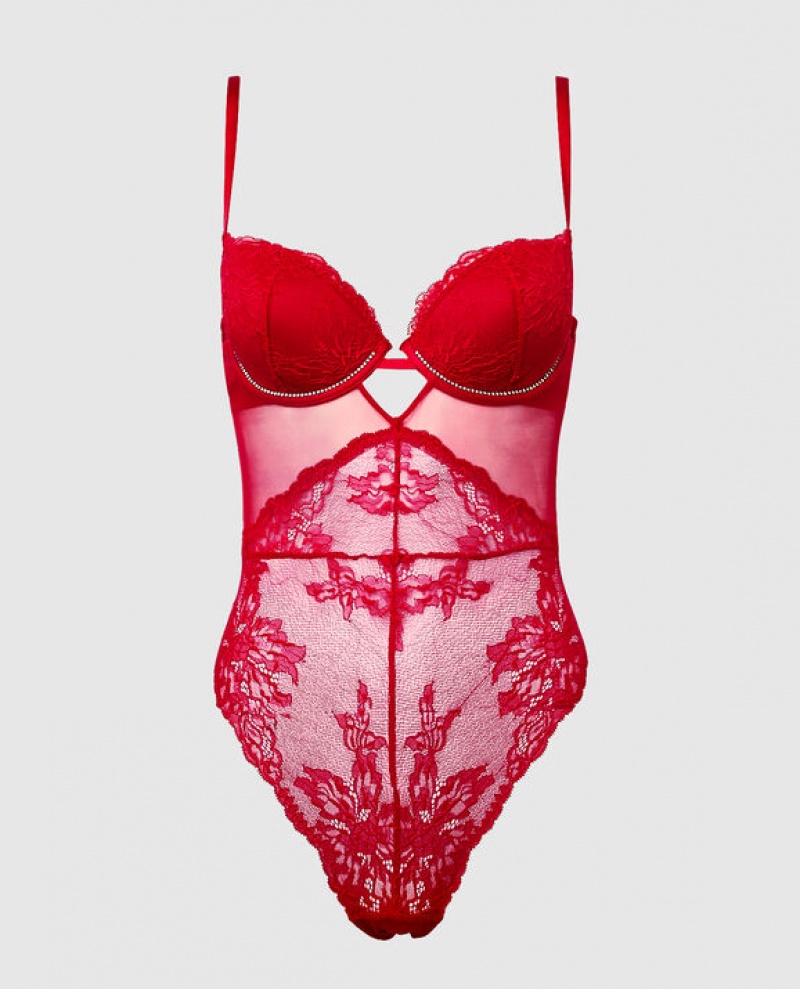 La Senza Lace Bodysuit Women\'s Pajamas Red | 7tQ4gVld