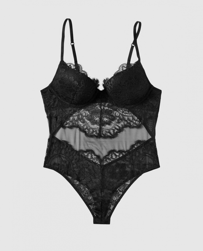 La Senza Push Up Lace Bodysuit Women\'s Pajamas Black | kLBhWqqc