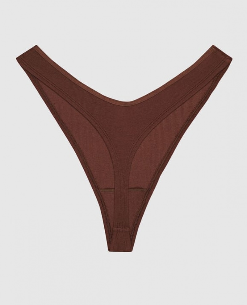 La Senza Ribbed High Leg Thong Panty Women's Underwear Root Beer | VKh2onhV