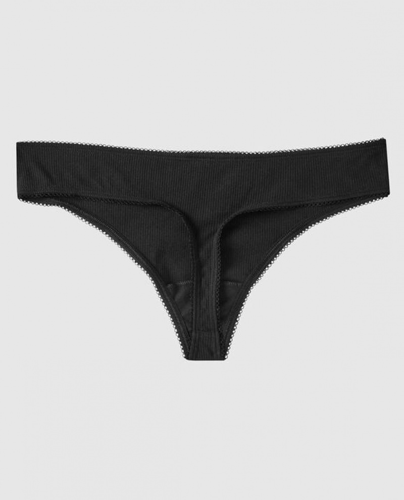 La Senza Ribbed Thong Panty Women's Underwear Black | gLpeTcrl