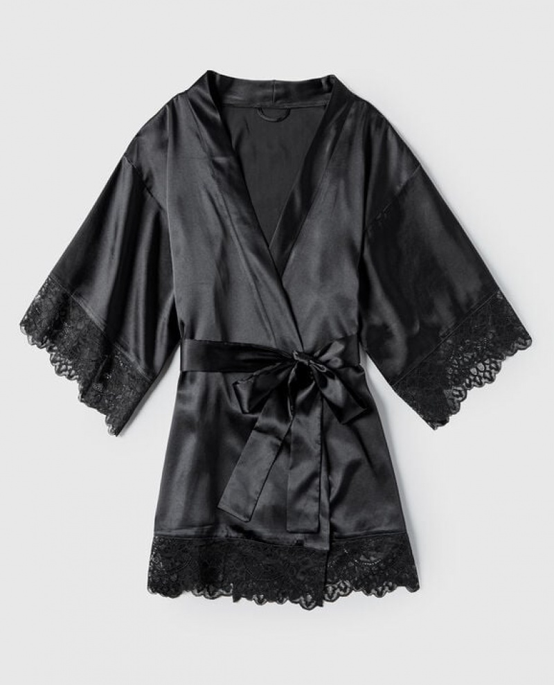 La Senza Satin Kimono Women\'s Pajamas Black | VegSUmr1