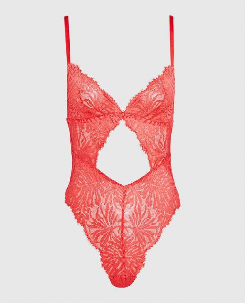 La Senza Unlined Lace Bodysuit Women\'s Pajamas Red | sZXFT7Jt