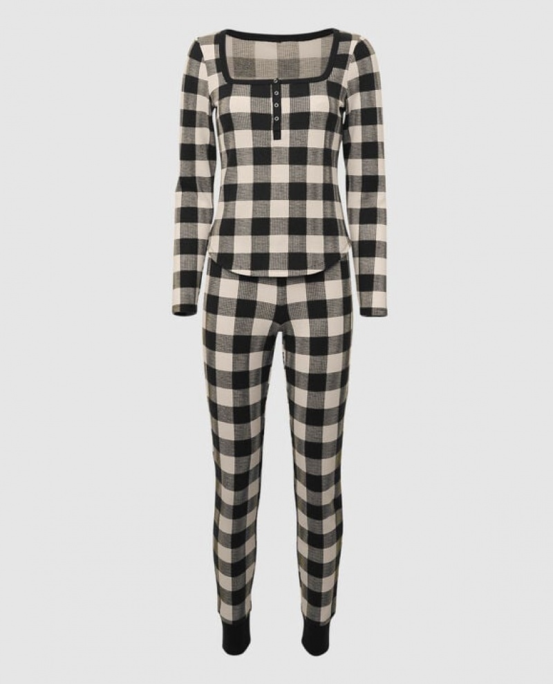 La Senza Waffle Henley Women's Nightwear Festive Check | ySUBBmX0